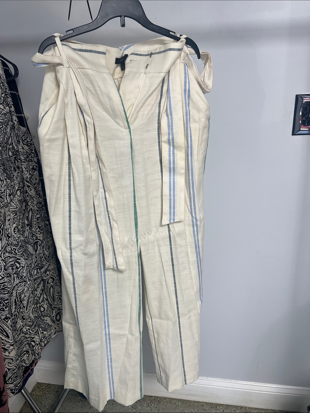 Ann Taylor Cream Wide-Leg Striped Tie-Waist Pants with Blue & Green Stripes
